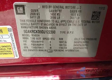 2013 Buick Enclave Leather из США, поврежденный, VIN 5GAKRCKD9DJ122390